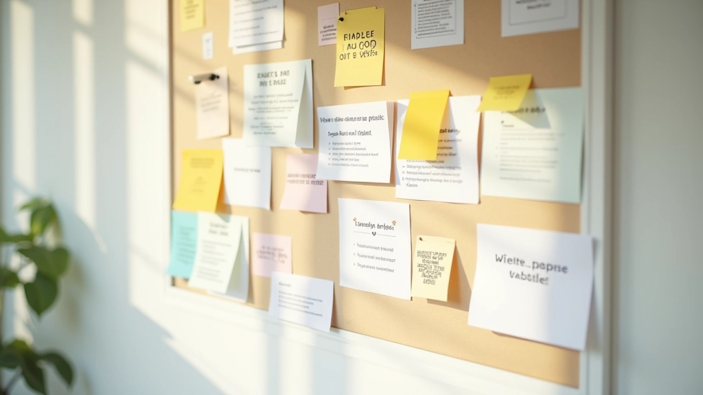 Inspiratiebord met motivatiekaarten, doelstellingen en planningsmateriaal op muur