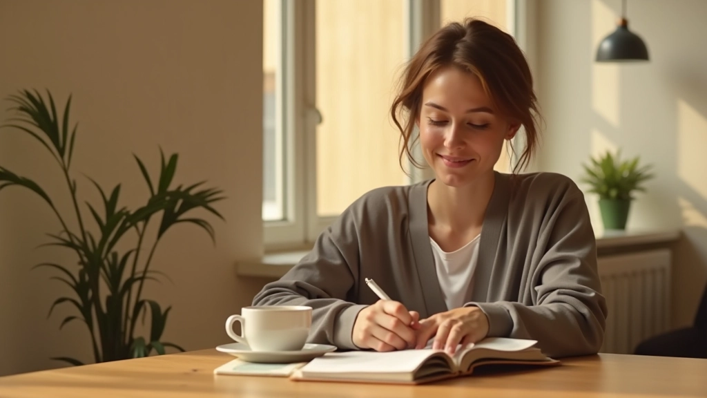 Persoon die ochtendritme volgt met koffie en dagboek in zonnig interieur