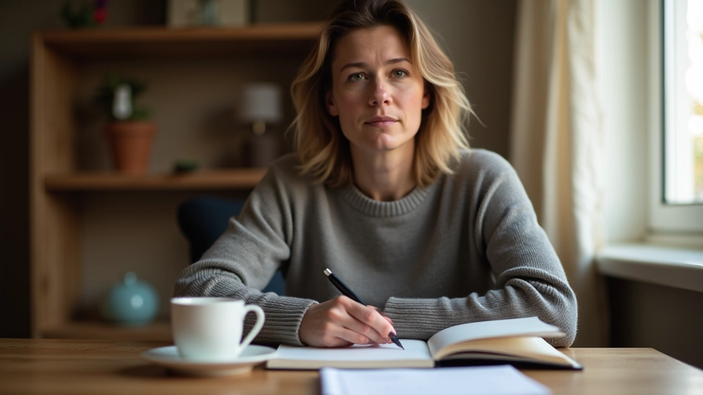 Persoon aan houten tafel met planner en kopje koffie, gerichte expressie, natuurlijk licht