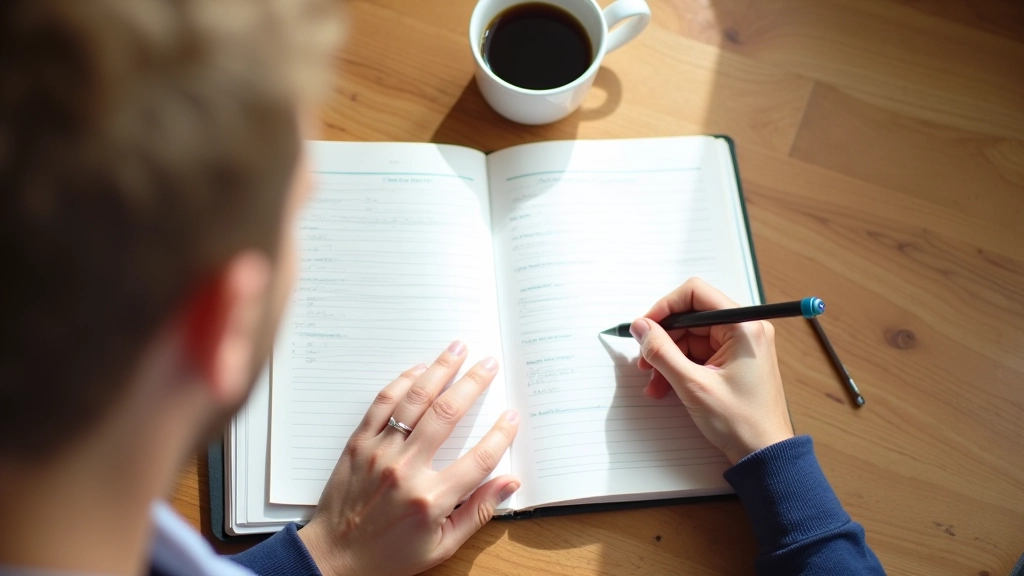 Persoon schrijft doelen op in notitieboek met kopje koffie op houten bureau