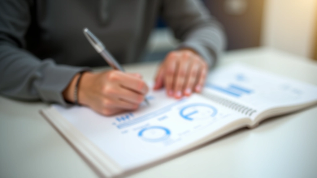 Hand schrijft aantekeningen in voortgangslogboek met grafieken en statistieken