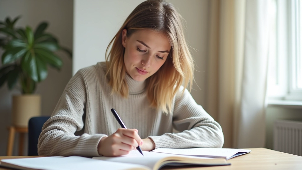 Persoon die voortgangsnotities maakt in een dagboek met grafieken en voortgangsmaten